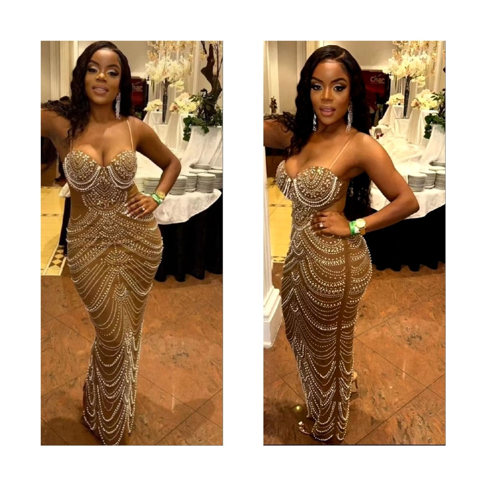 Nude Evening Dress, Birthday dress, Rhinestone Party Dress